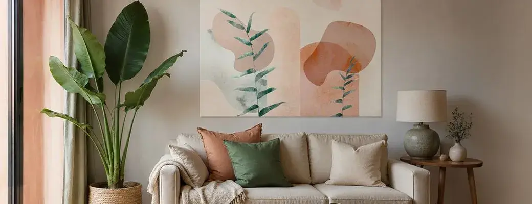 A large abstract painting with a botanical motif hanging above a light-coloured sofa in the living room. A living room with a sofa, above which hangs a large painting with an abstract botanical theme. The painting features rounded shapes in shades of beige, terracotta and pastel green, as well as delicate twigs with leaves.