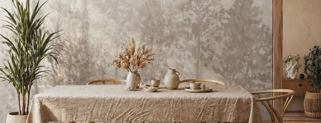 A Japandi style dining room where the focal point is a wall covered with a wall mural depicting a misty forest in monochromatic beige and grey tones. The table is set with tableware and a vase of dried flowers and grasses.
