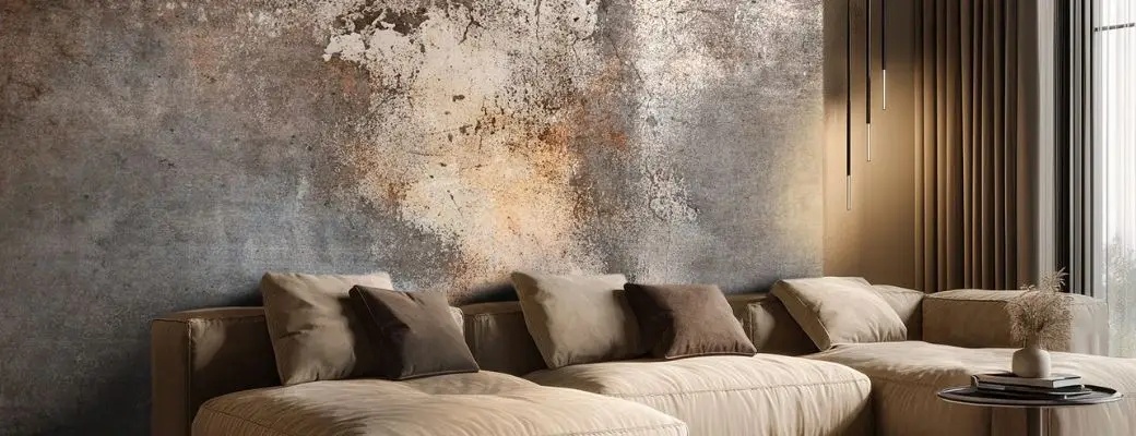 Loft style living room with concrete wall mural A modern loft style living room with a sofa and decorative cushions. In the background is a textured concrete wall mural with aged, rusted and peeling plaster effects. Next to the sofa stands a small coffee table with a vase.