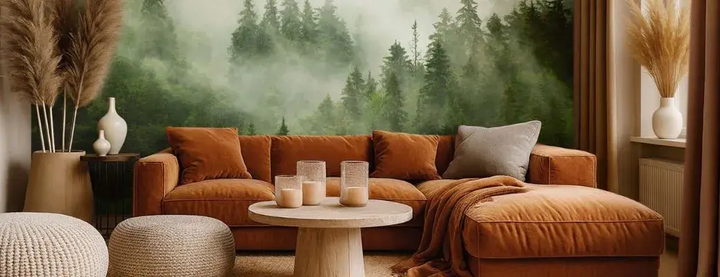 A modern living room in warm earth tones. The feature wall is adorned with a wall mural depicting a forest in the mist. In front of it stands a large velour corner sofa with matching cushions and a blanket. In the centre of the room is a round coffee table.