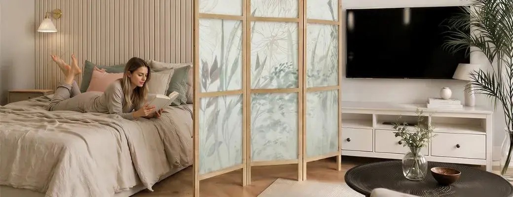 A japanese screen with a botanical motif separates the bedroom area from the bright living room. A large bed in the bedroom. The bedroom area is separated from the living area by a Japanese screen with a semi-transparent panel featuring a delicate botanical pattern. A section of the living room is visible on the other side of the screen.